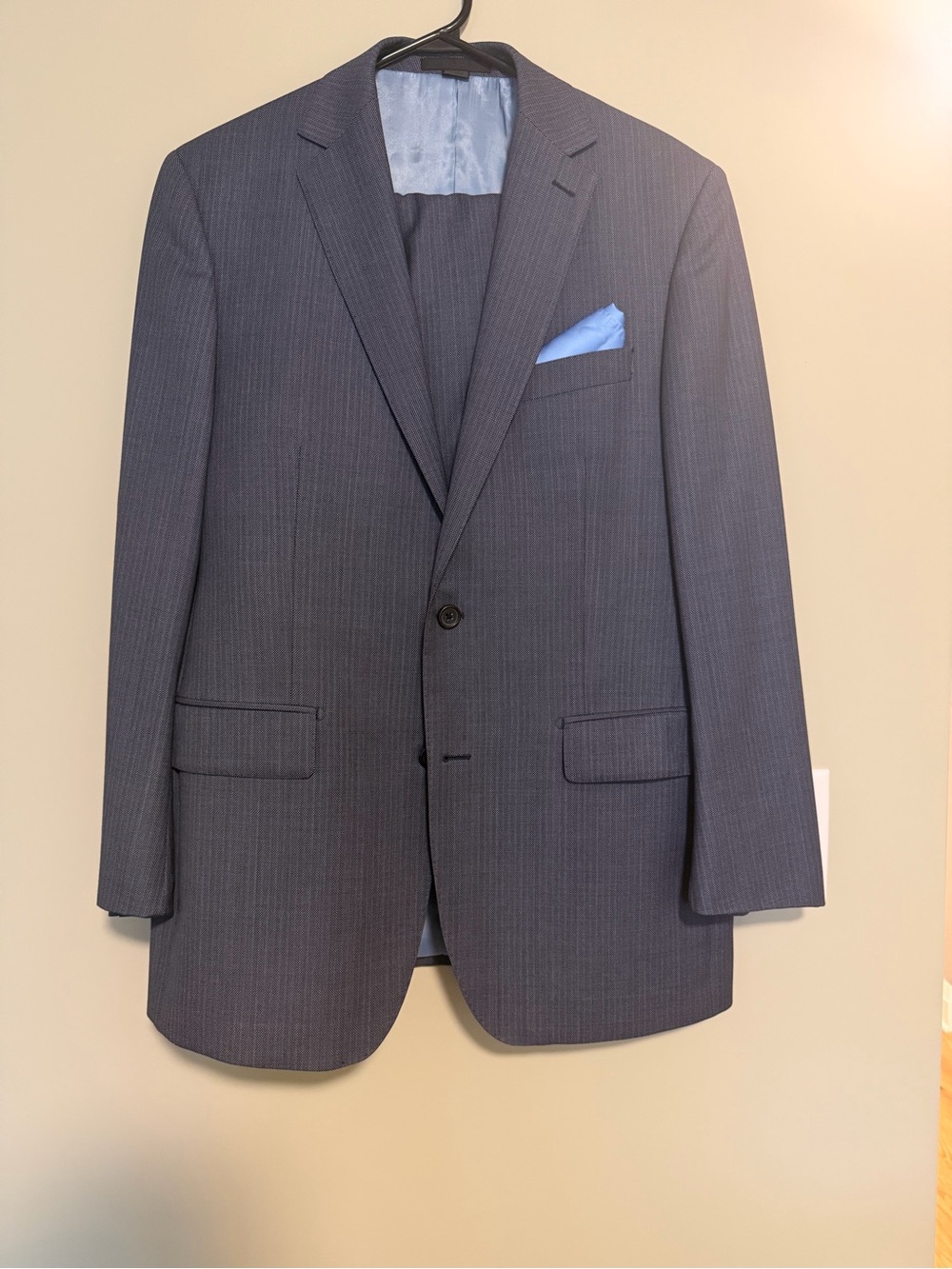 Men' Pinstripe Two-Button Suit with Light Blue Pocket Square and Silk Tie